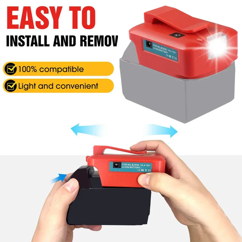 For Milwaukee 18V Li-ion Battery Adapter with LED Work Light,Portable Power Source for Milwaukee with 5V USB Type-c Output Port