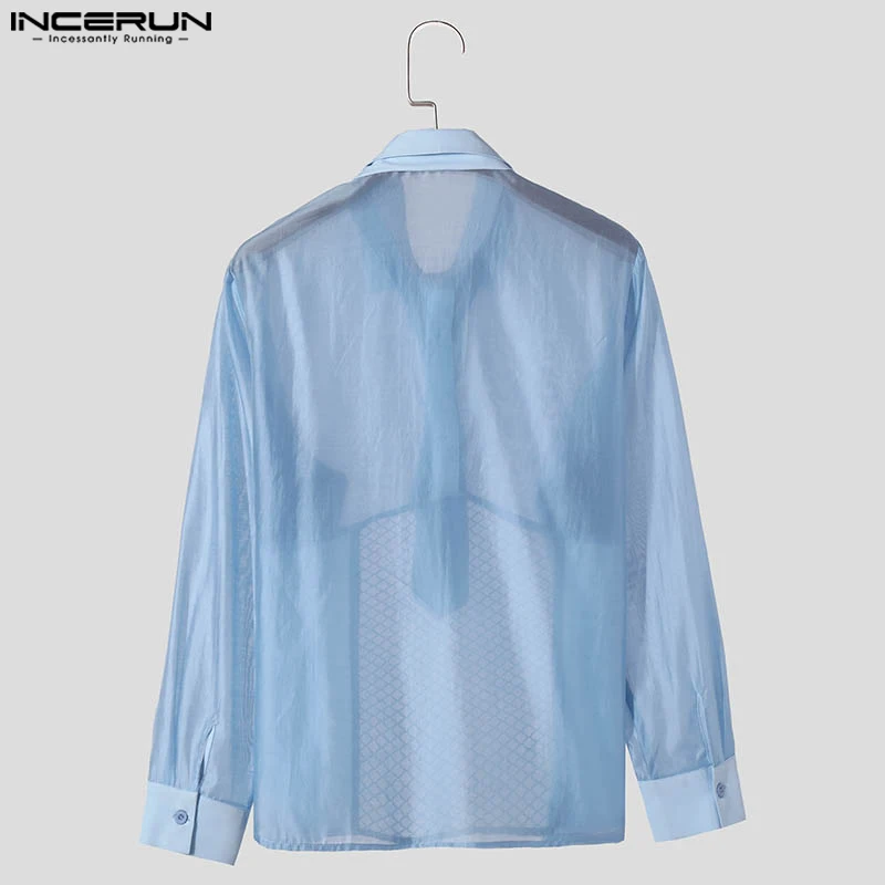 INCERUN Men Shirt Mesh Patchwork Lapel Tie Long Sleeve Fitness Transparent Men Clothing Streetwear 2024 Fashion Casual Camisas