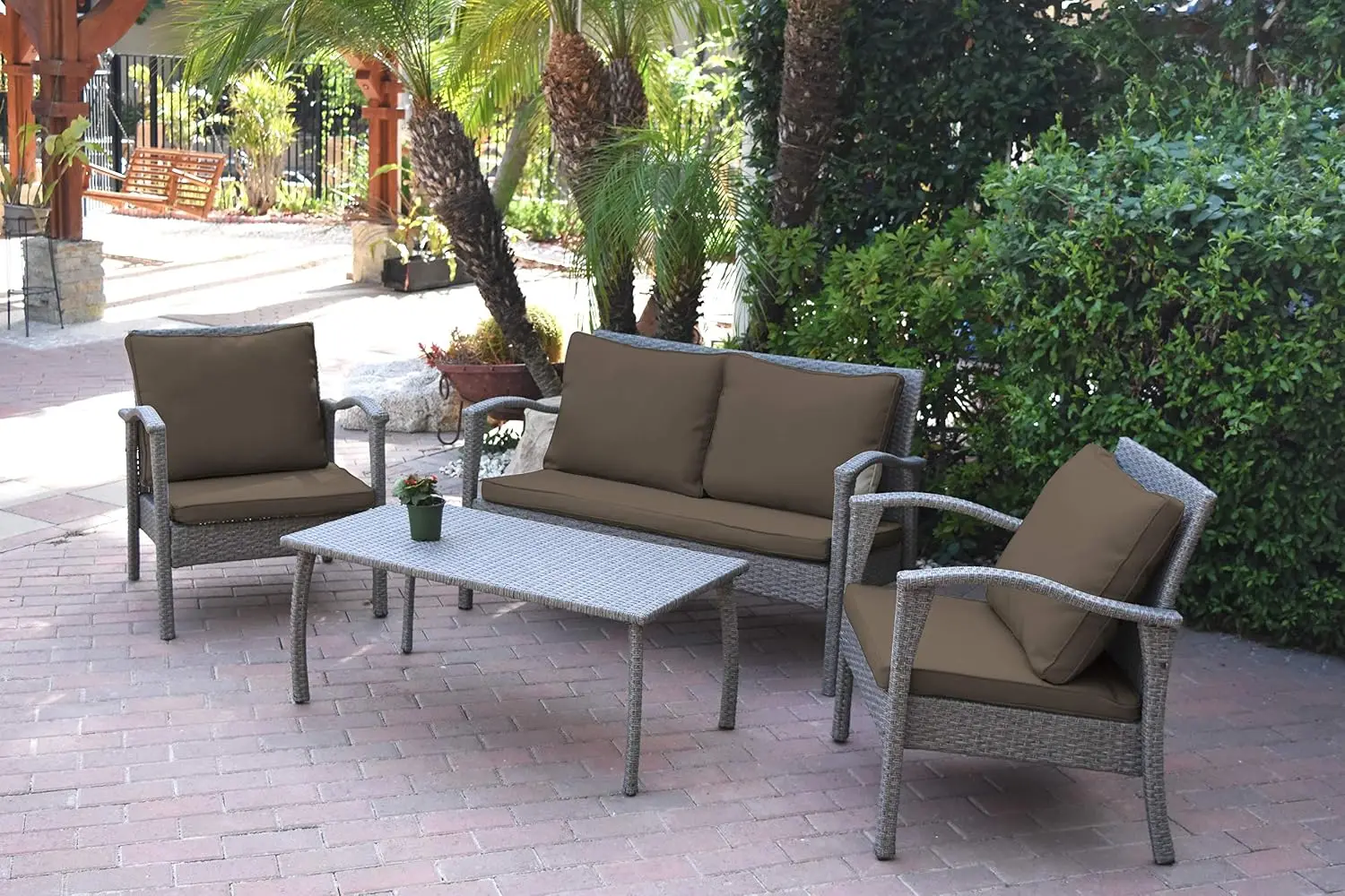 4-Piece Outdoor Conversation Set with 2 Inch Brown Cushion, Customized