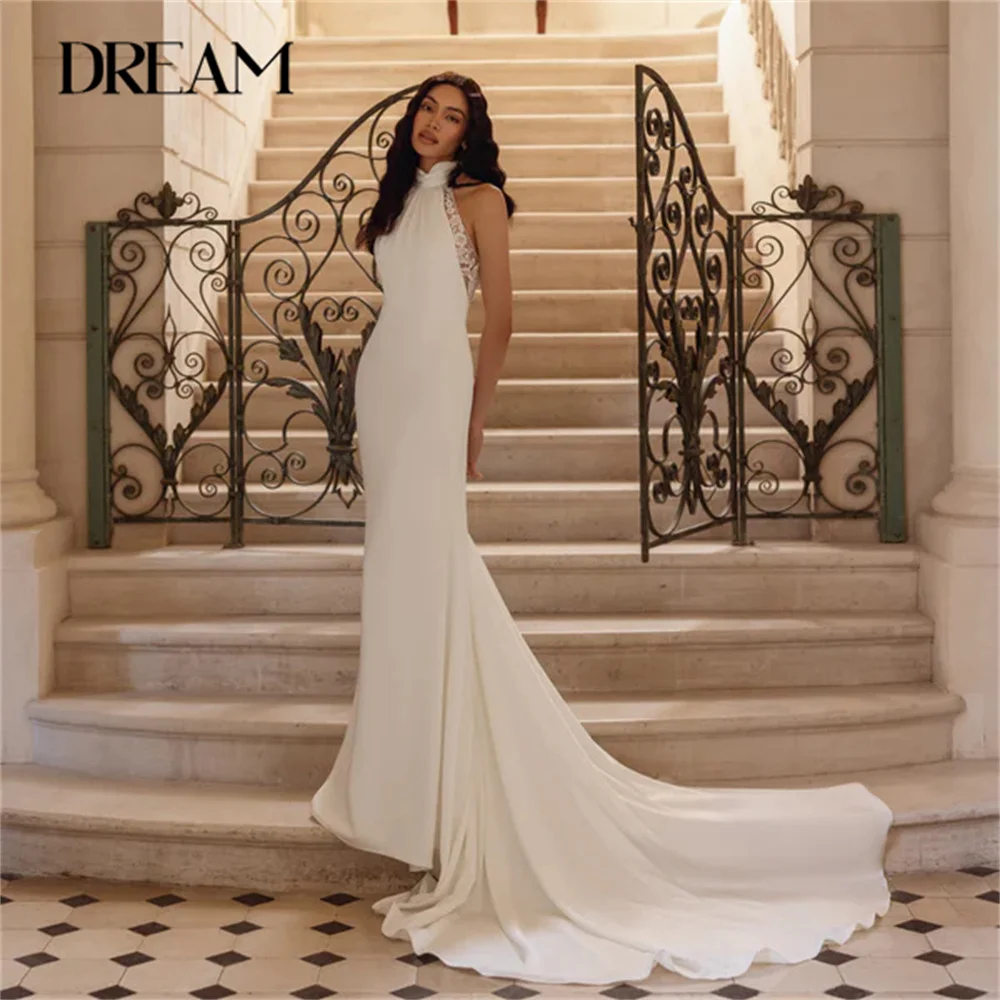 DREAM Halter Lace Mermaid Wedding Dress 2025 Open Back Appliqued Sleeveless Sweep Train Bridal Gown Vestidos De Novia Customized
