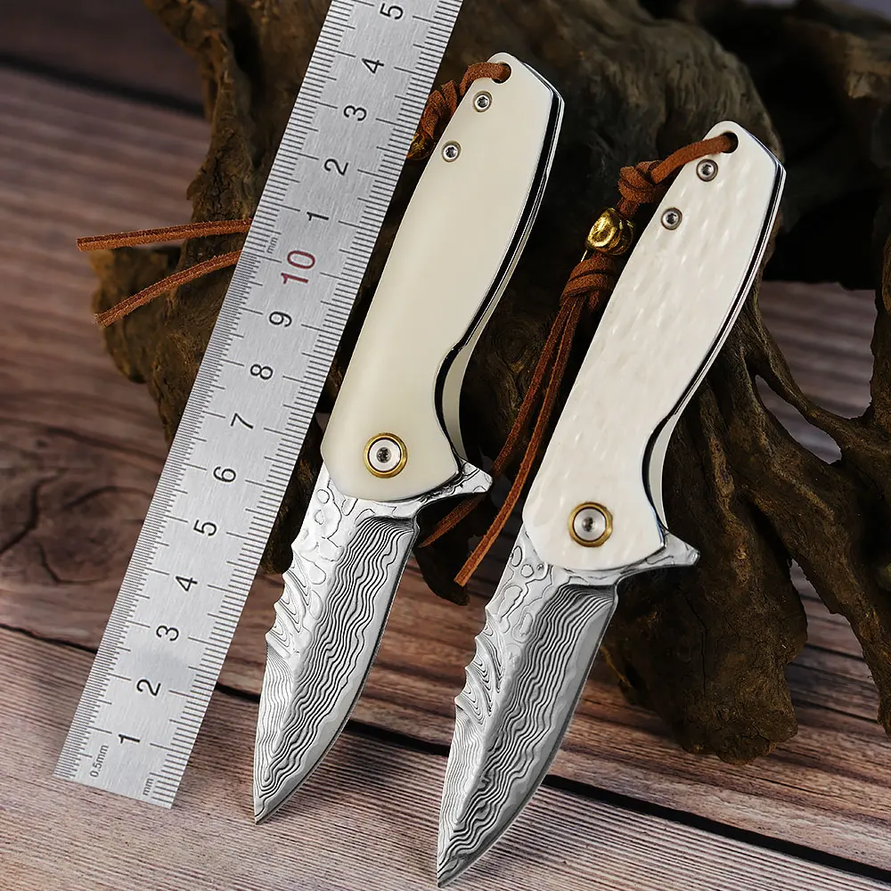 

Bull Bone Handle Damascus Steel Exquisite Collection Knife Wilderness Portable Folding Knife