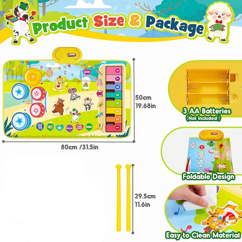 Baby Musical Play Mat,Early Educational 3 in 1 Floor Piano Drum Animal Touch Play Blanket