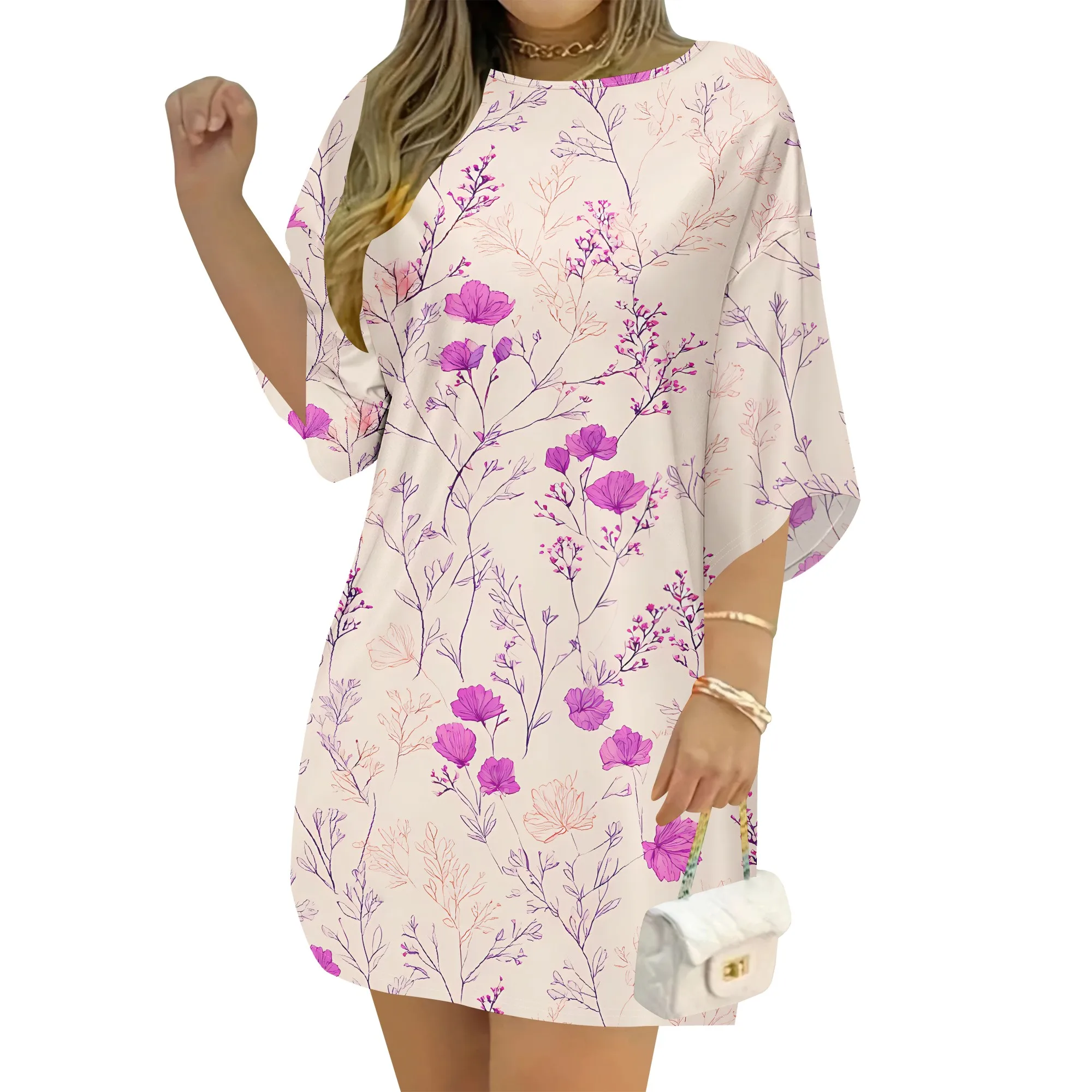 Floral Print T-Shirt Dress Purple Flower Pattern Mini Dress Short Sleeve Casual Shift Dress for Women Summer Beach Party Outfit