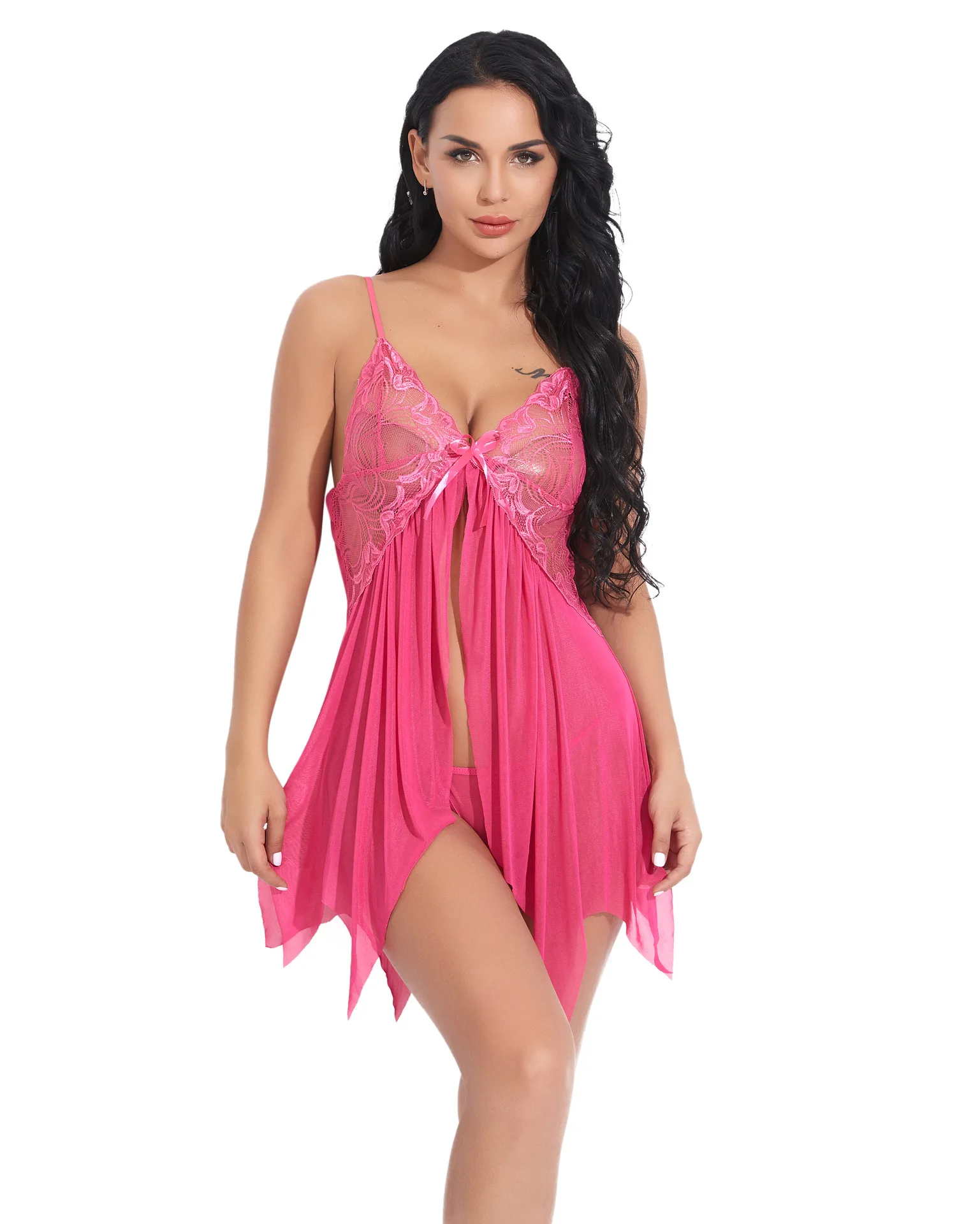 فستان نوم نسائي من الدانتيل، فستان شبكي شفاف بفتحة عالية الخصر مع طقم منزلي رفيع، ملابس نسائية مثيرة