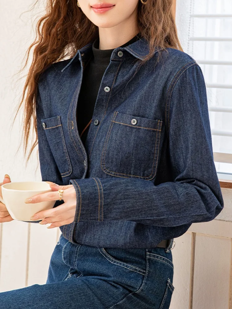 Retro Denim irt Women's New Sle Autumn 2025 Faion Unique Exquisite Top Layered Wear Inner Match Base irt Coat
