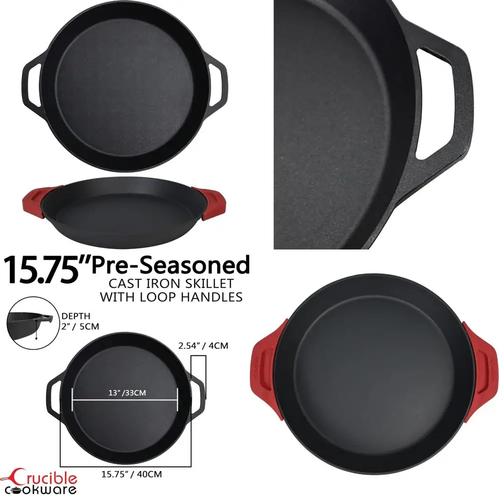 

Cast Iron Skillet - 15.75-Inch Dual Loop Handle Frying Pan, Paella Pan with Silicone Handle Cover and Long Tail Keyword