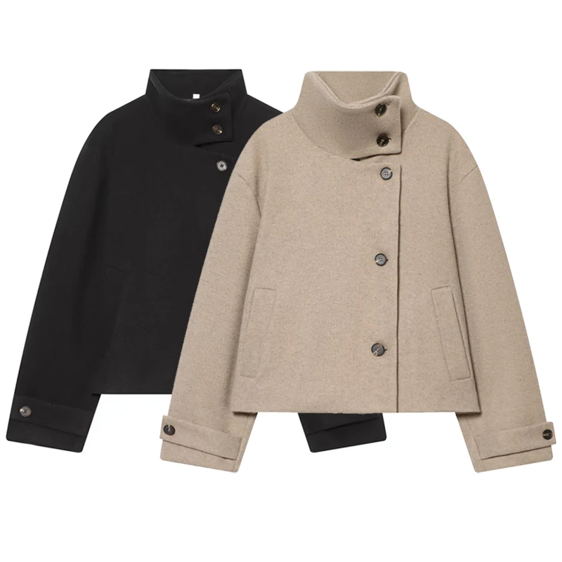 HXAO Tweed Crop Jacket Women's Jacket Autumn 2026 Elegant Khaki Black Button Up Long Sleeve High Neck Tops For Woman Warmth Coat