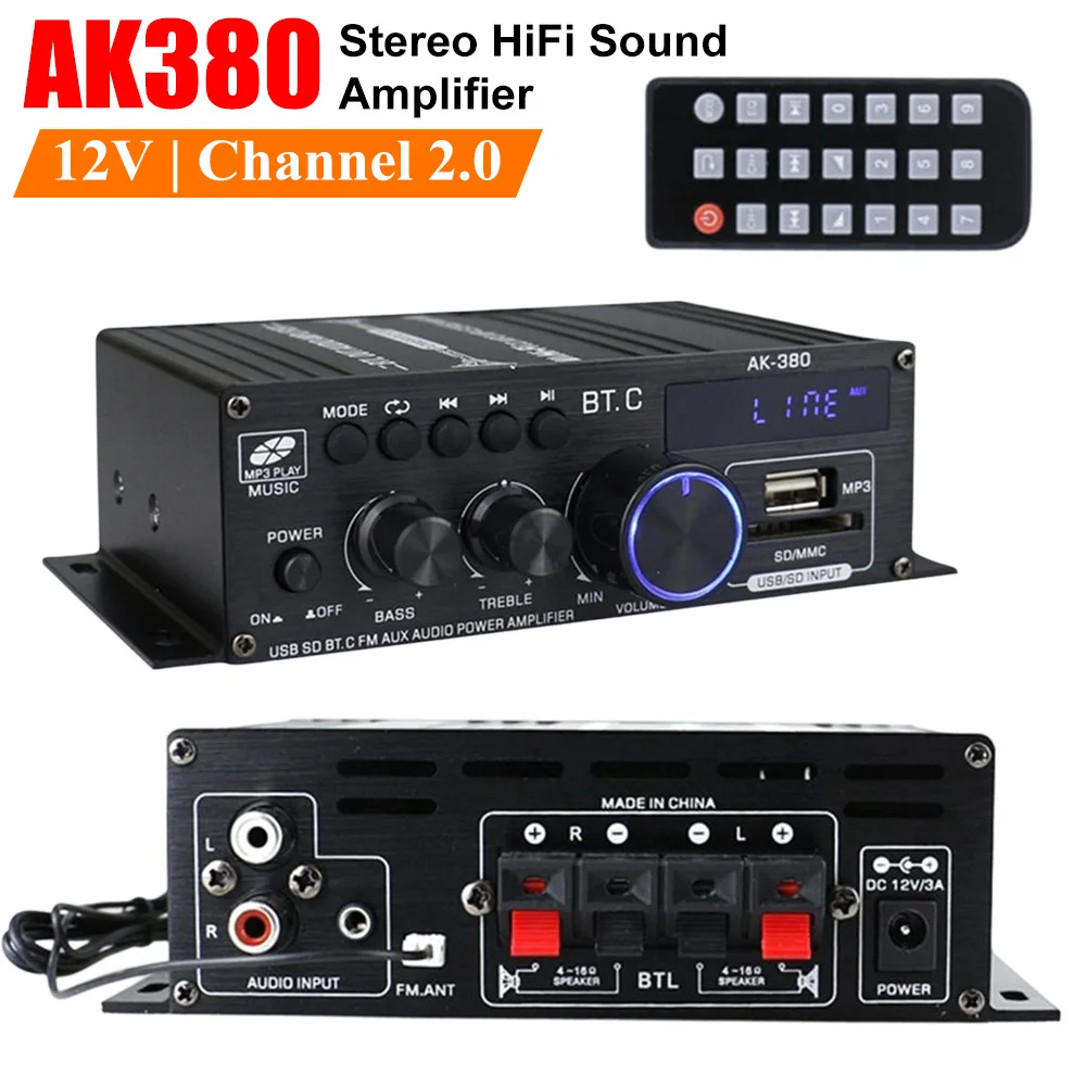 

12В AK380 HiFi усилитель звука для домашнего кинотеатра, Bluetooth-усилитель, портативный стерео аудиоусилитель, 2-канальный цифровой усилитель из алюминиевого сплава