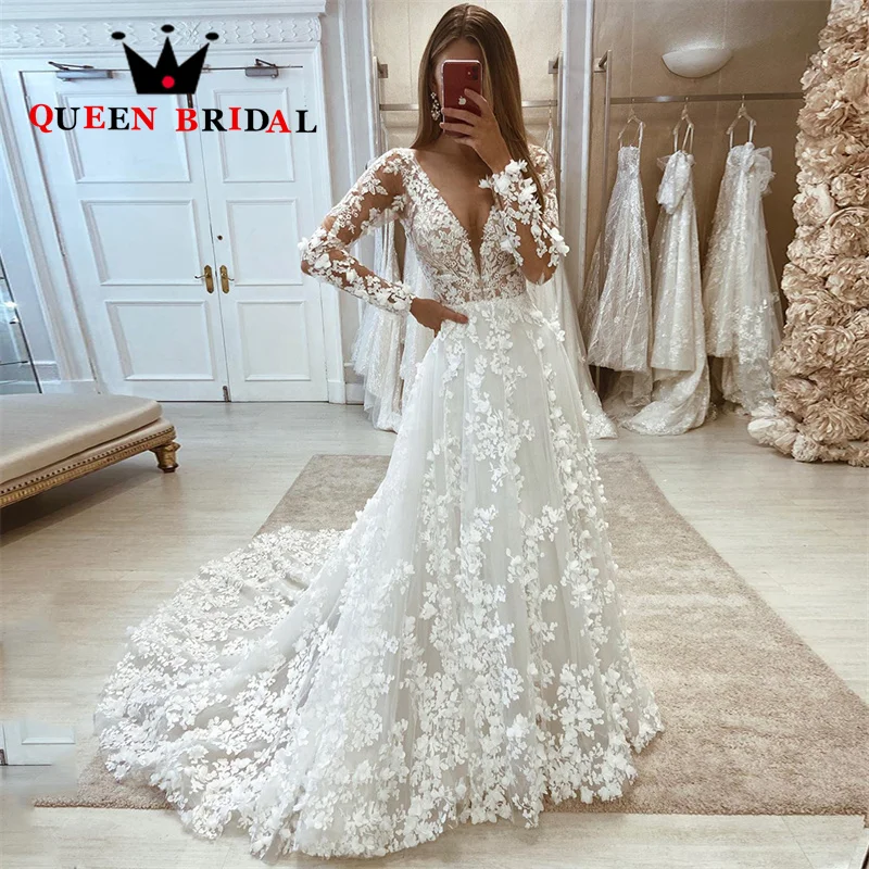 

Luxury V Neck Long Sleeve Wedding Dress A Line Lace Appliques Beading Floor Length Bridal Gown Robe De Mariée Custom J83Q