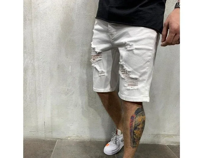 High-Streets Summer Ripped Jeans Skinny Denim Shorts for Men with Distressed Ripped Cat Whiskers Hip Hop Streetwear Short Pants