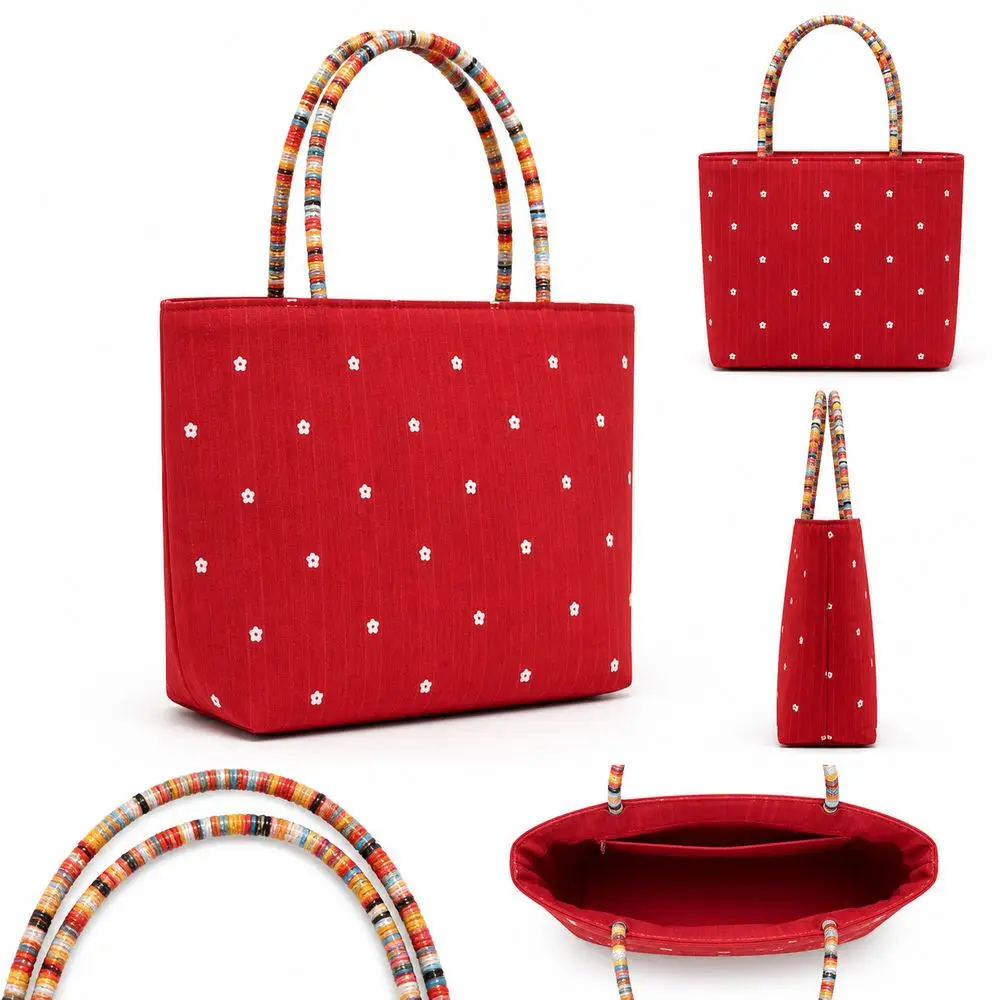 Gifts Polyester Floral Tote Bag Contrast Red Floral Pattern Tote Bag Large Capacity Handheld Without Pendant Wedding Favors