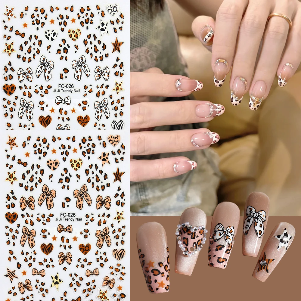 2pcs Brown White Leopard Print Bow Nail Stickers 3D Cute Rib