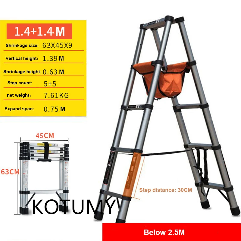 A-type Telescopic Ladders Herringbone Stainless Steel Ladder Folding Ladder Non-slip Telescoping Ladder 1.4+1.4M 1.7+1.7M