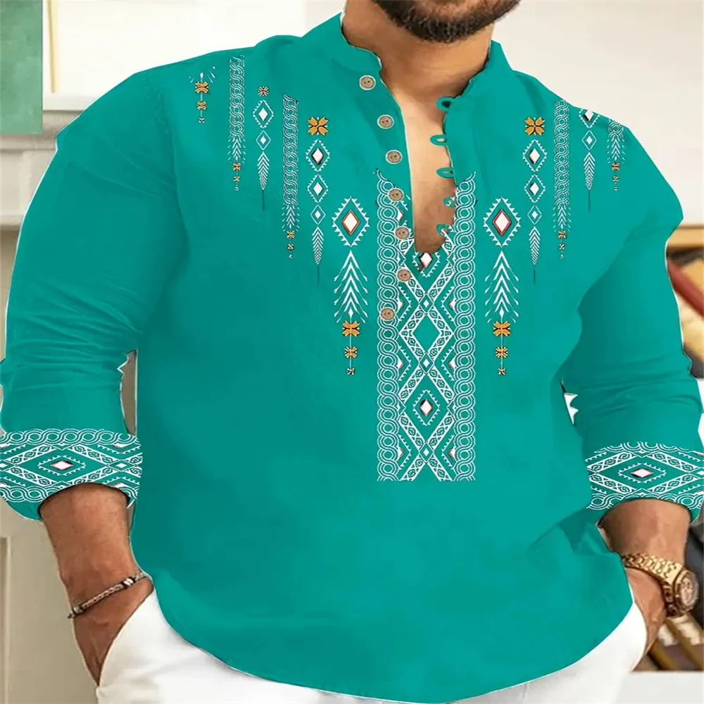 

2025 Men's New Linen 3D Printed Long Sleeve Shirt Fashion Design Luxury Long Sleeve Shirt Four Seasons Stand Collar Button Shirt