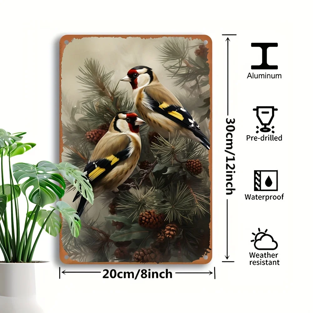 Retro Aluminum Wall Sign Featuring a Goldfinch And Pine Tree - 8.0X12.0 inch Sturdy Metal Art Showcasing Coniferous Leaves, Desi