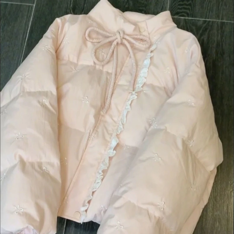 Sweet Bow Embroidery Parka Women Cute Bow Lace Up Mock Neck Loose Padded Coat Winter Lace Patchwork Soft Warm Zipper Outwear New
