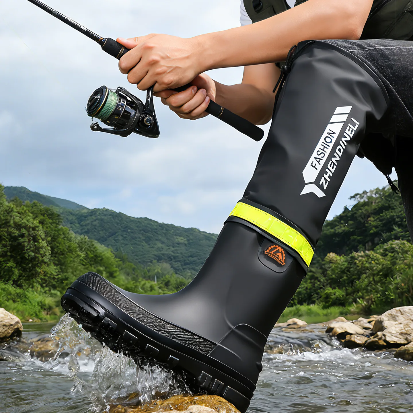Men's Waterproof Fishing Non-Slip Rubber Boots Adjustable Waist Straps Durable Material for Outdoor Stream Trekking Water Shoes