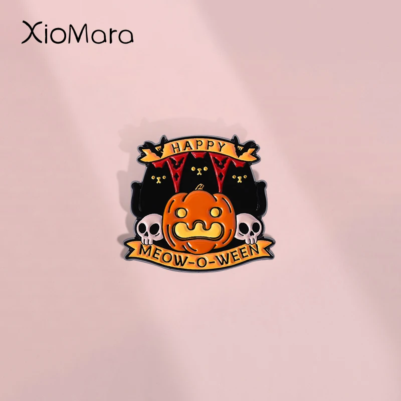 Happy Meow-O-Ween Emaille Pin Halloween Horror Atmosphäre Kürbis Schädel Brosche Rucksack Abzeichen Lustige individuelle Schmuck Freund Geschenk