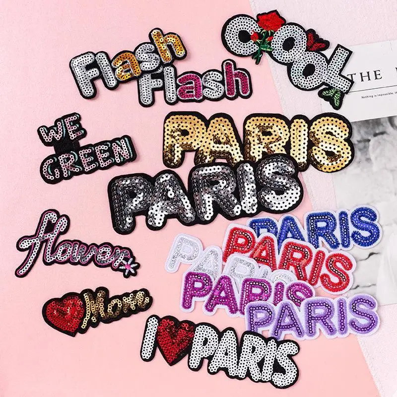 Sequins Fashion Trend Letter Embroidery Cloth Sticker Paris PARIS Computer Embroidery Chapter Boy Bag Clothing Decorative Film