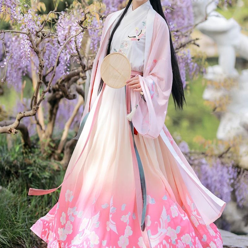 

Chinese Traditional Hanfu for Women Tang Dynasty 2023 Spring Top Skirt Long Hem Costumes Dress Fusion Pink 3M 3PCS Full Suits