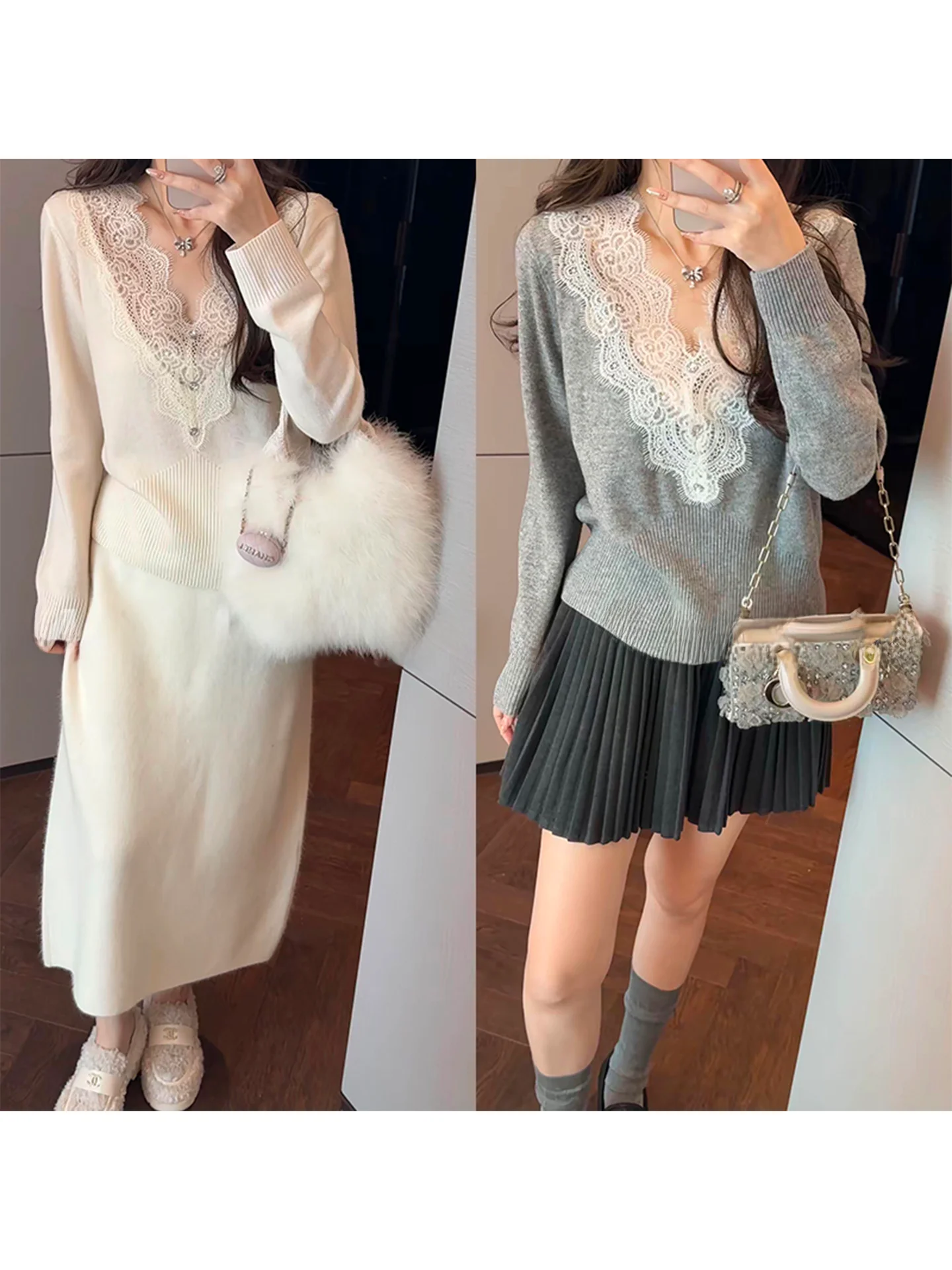 

Женский вязаный свитер Mimius Sweet Muse Goddess с кружевными вставками, V-образным вырезом и длинными рукавами, из смесовой ткани (хлопок, шерсть, шелк), осенняя мода