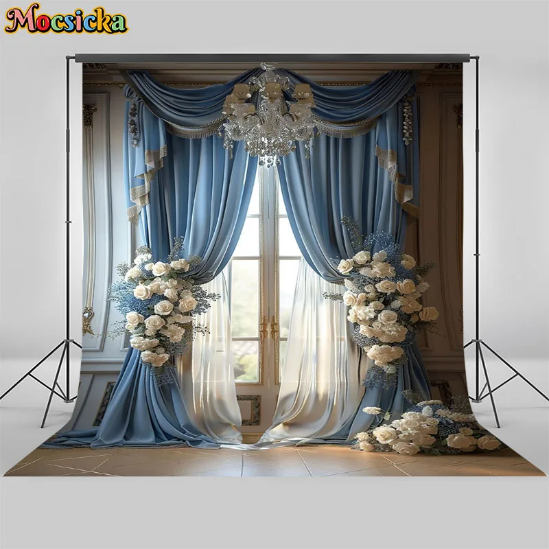 Винтажный интерьерный фон для фотосъемки с голубыми занавесками цветами для свадьбы дня рождения для беременных фотостудий