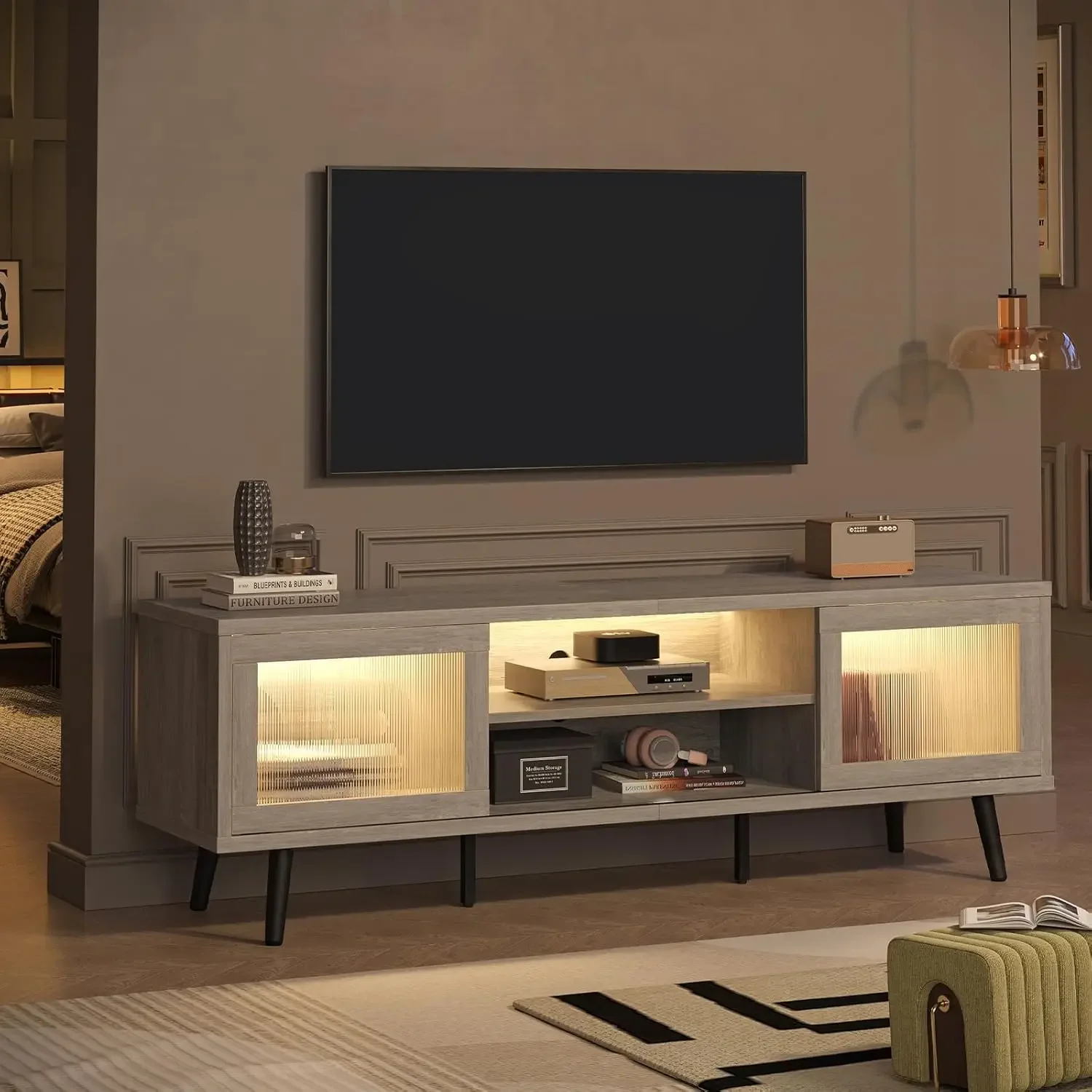 TV Stand for 75 Inch TV| 63” LED Entertainment Center with Sliding Acylic Doors| Modern TV Console with 2 Tier Storage Shelves