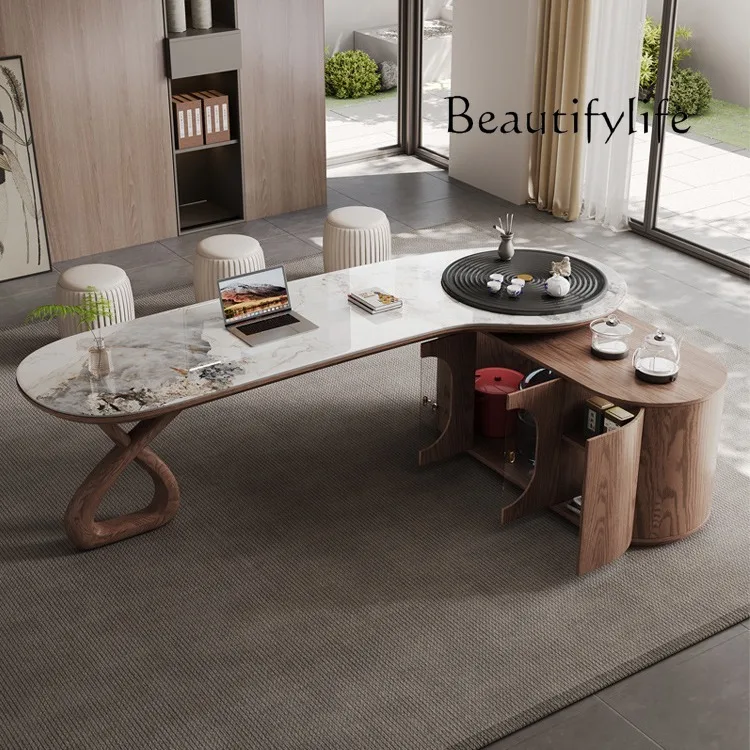 Italian medieval style solid wood tea table, modern simple tea set, integrated tea making table