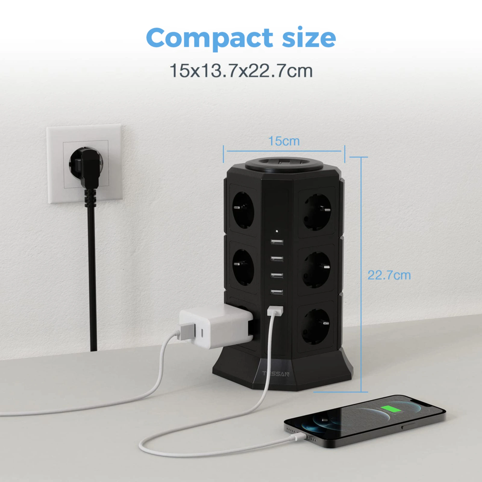 TESSAN Tower Power Strip Multiple Socket with 12 Outlets 5 USB Port 2M Extension Cable EU Plug Vertical Electric Socket for Home