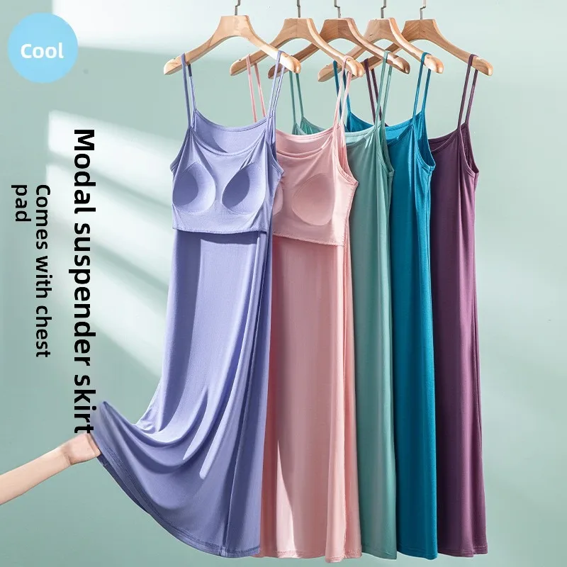 Ladies Modal Cami Nightgown Built‑in Bra Slip Dress Thin Summer Plus Size Long Dress Casual Loungewear Inner Wear for Women
