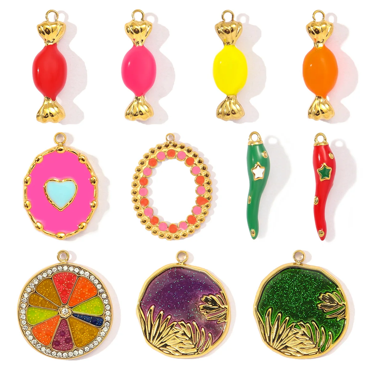 3 teile/los Edelstahl Bunte Candy Chili Halskette Anhänger Frauen Emaille Herz Blatt Zitrone Diy Armband Charms Liebe Schmuck