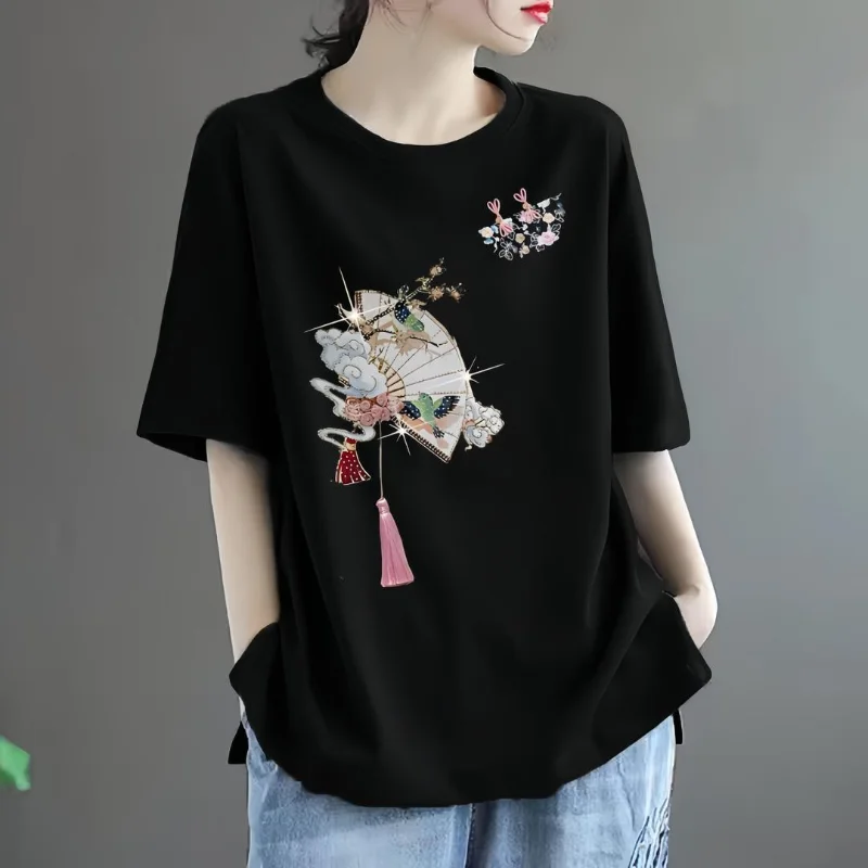 New Spring and Summer Women\'s Solid O-Neck Short Sleep Loose Chinese Style Pullovers Fashion Casual All Match Commute Tops