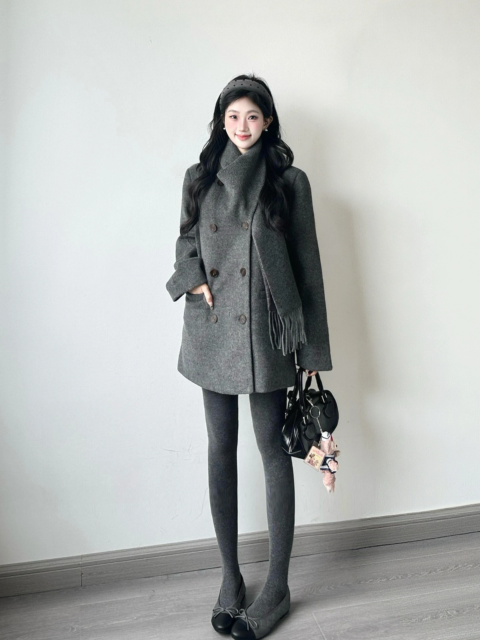 

Шерстяное пальто Ele ey для женщин, осенне-зимнее, приталенное, в корейском стиле, для повседневной носки, с высоким воротником, двубортное, длинное