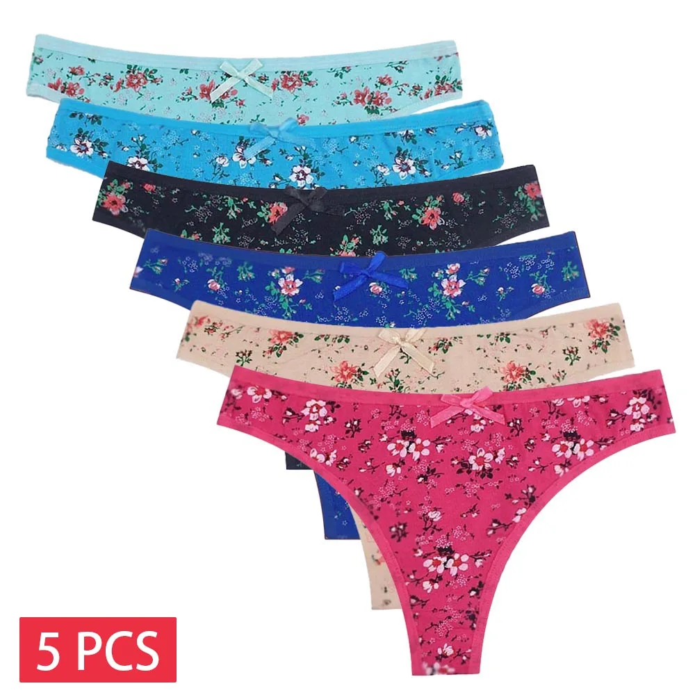 5 PCS/Set Women's Thongs Very Sexy Women G-String Low Waist Female Underpants T Panties Underwear Floral Print Lingerie