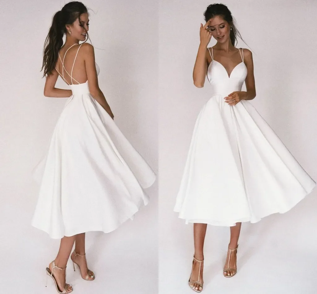 

Sexy Short Satin Wedding Dress 2025 with Thin Straps Criss Cross V Neck a Line Bridal Gown Simple Elegant Bride Vestidos De Noiv