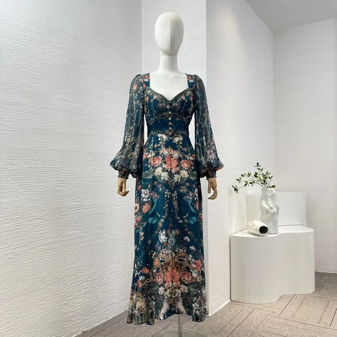 

2024 New Summer High Quality Women Vintage Navy Blue Floral Print Full Lantern Sleeve Diamonds Pressed Silk Midi Dress