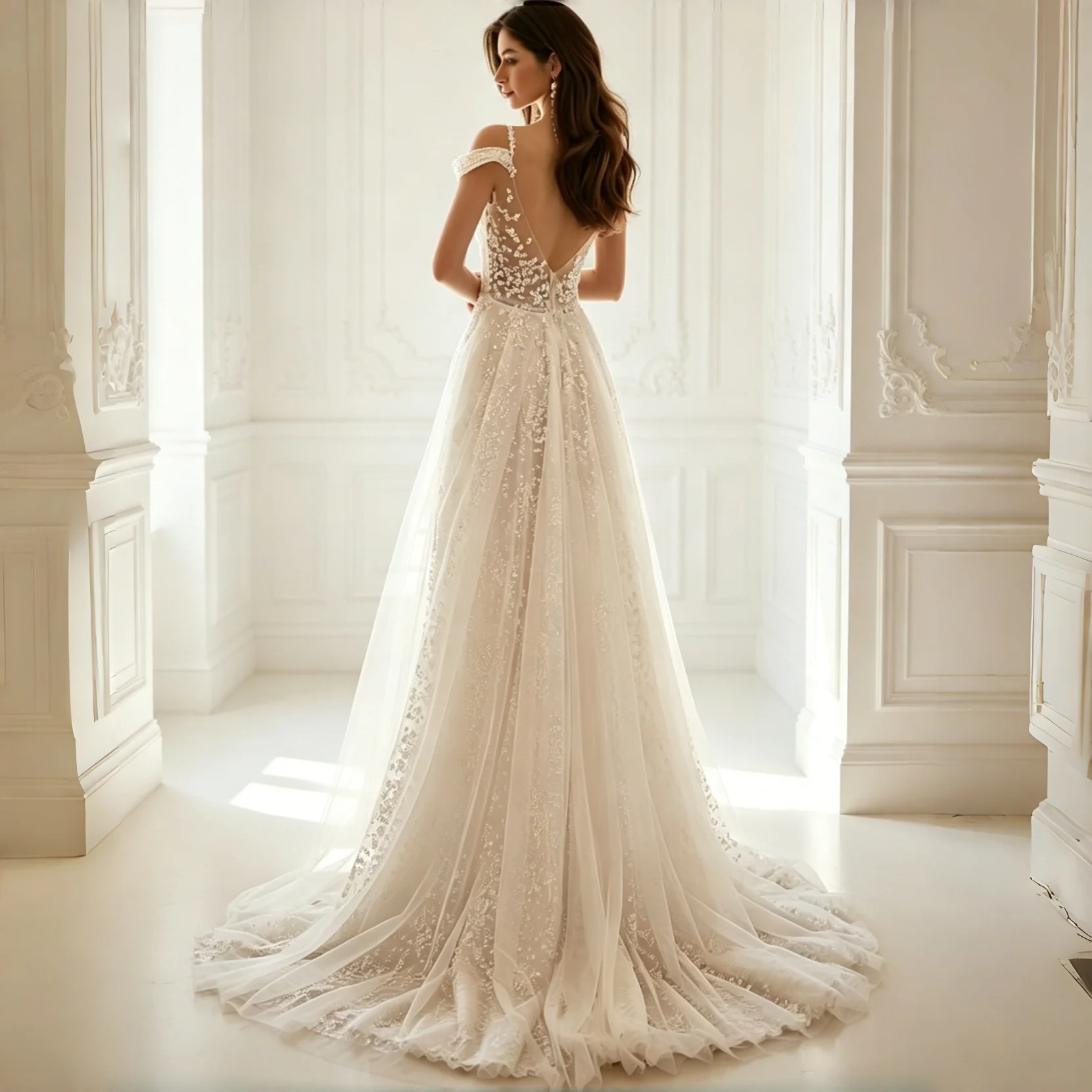 Allover floral Lace Embroidery Wedding Dress Off The Shoulder V-Neck A-Line Tulle Bridal Gown Court Train Evening dress Customiz