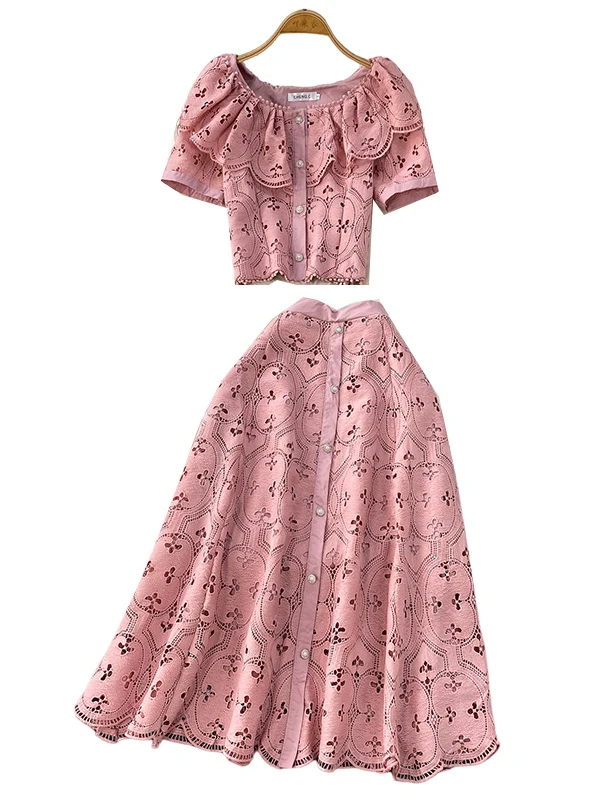 

Ele ort Lace irt Hollow out round Ne Button up Top with f Skirt Two Piece Set Faionable Breathable Women's Clo...