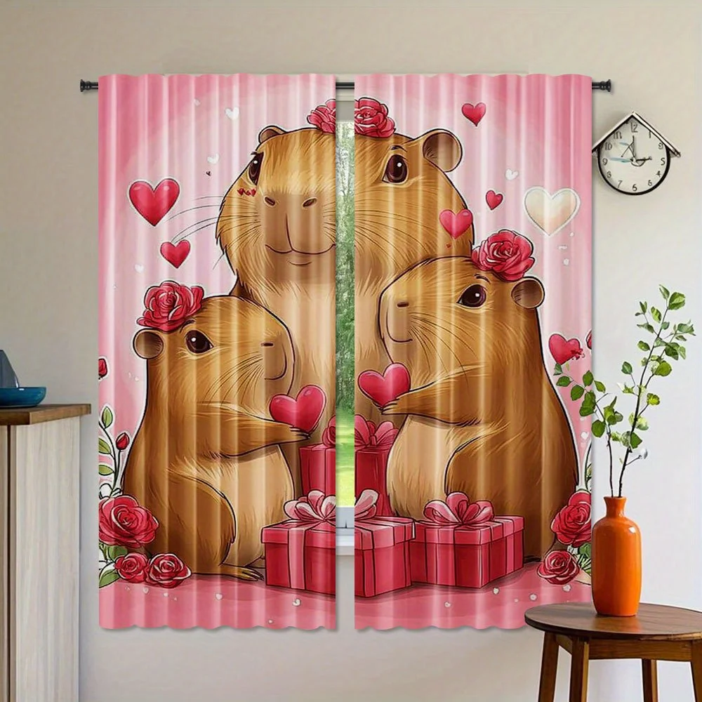 A set of two pieces, cute guinea pig family Valentine's Day love design curtains, made of translucent polyester material