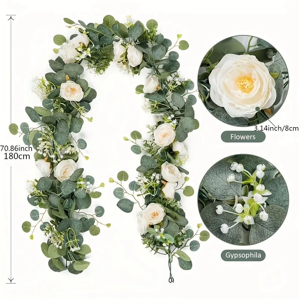 70inch Eucalyptus and Rose Garland - Plastic Flower Vine for Home Decoration, Wedding and Engagement Table Centerpieces, No Power Required, Suitable for Various Room Types, Feather-Free Plastic Flower Vine, Ideal for Party Tables and Indoor Wall Backgrounds
