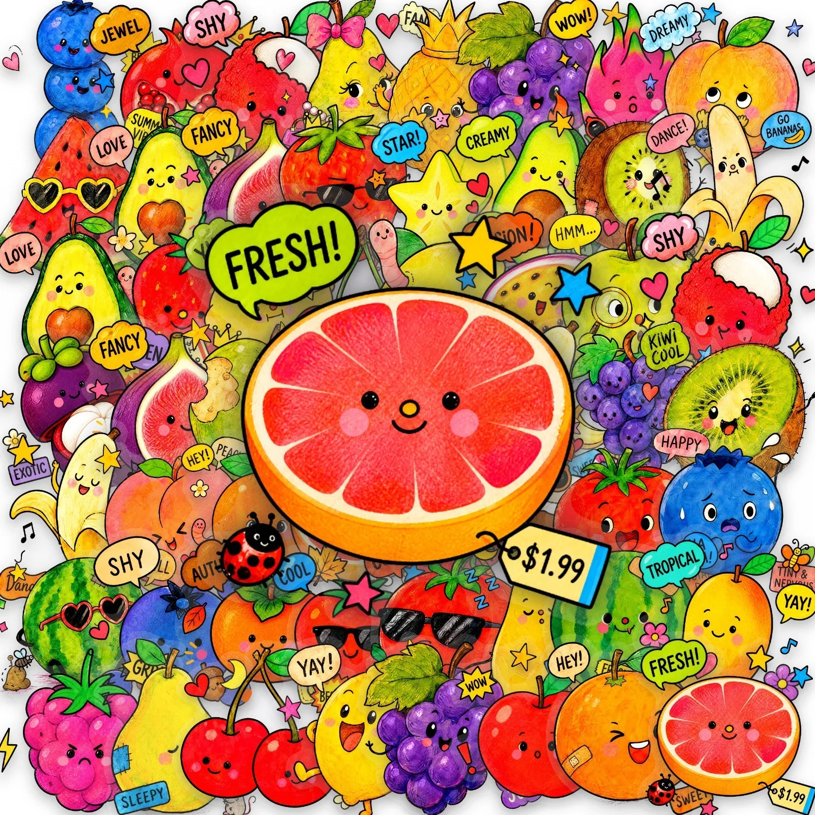 

50Pcs Cute Fruit Stickers Healing Style Transparent PET Waterproof Decals for Journal Water Bottle Laptop DIY Decor