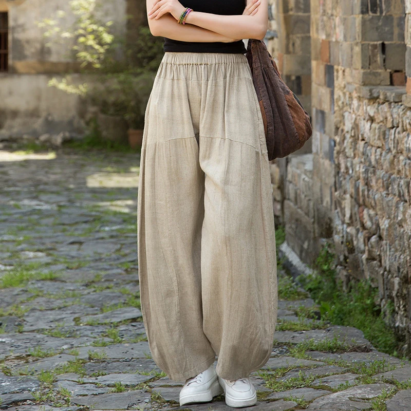 

Women Cotton Linen Casual Trousers New Arrival 2025 Spring Vintage Style Tie Dye Loose Comfortable Female Harem Pants T437