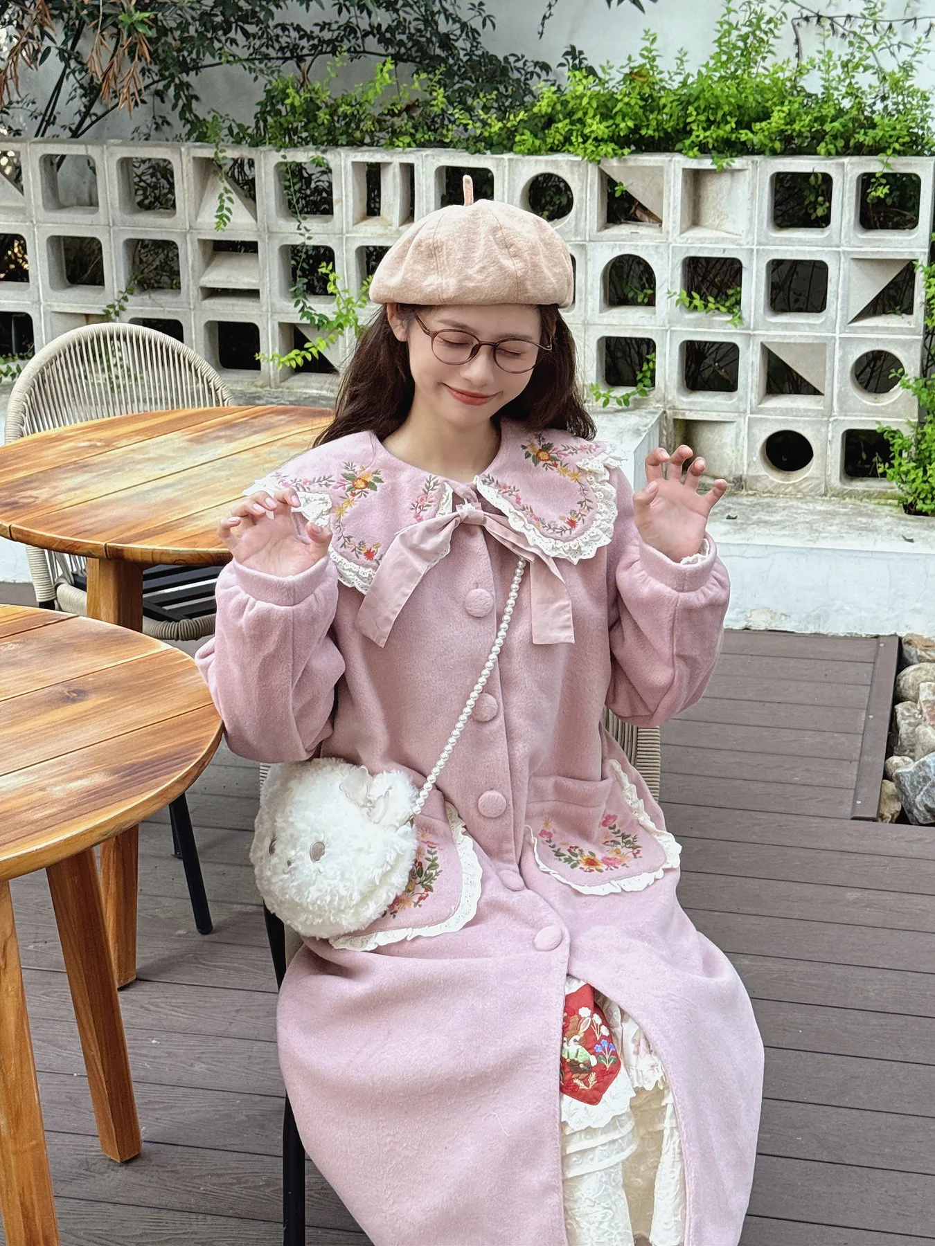 森ガールズ スイートロリータ ピンク ロングウールジャケット 秋冬新作 日本のかわいい女の子 スイート刺繍シングルブレストオーバーコート