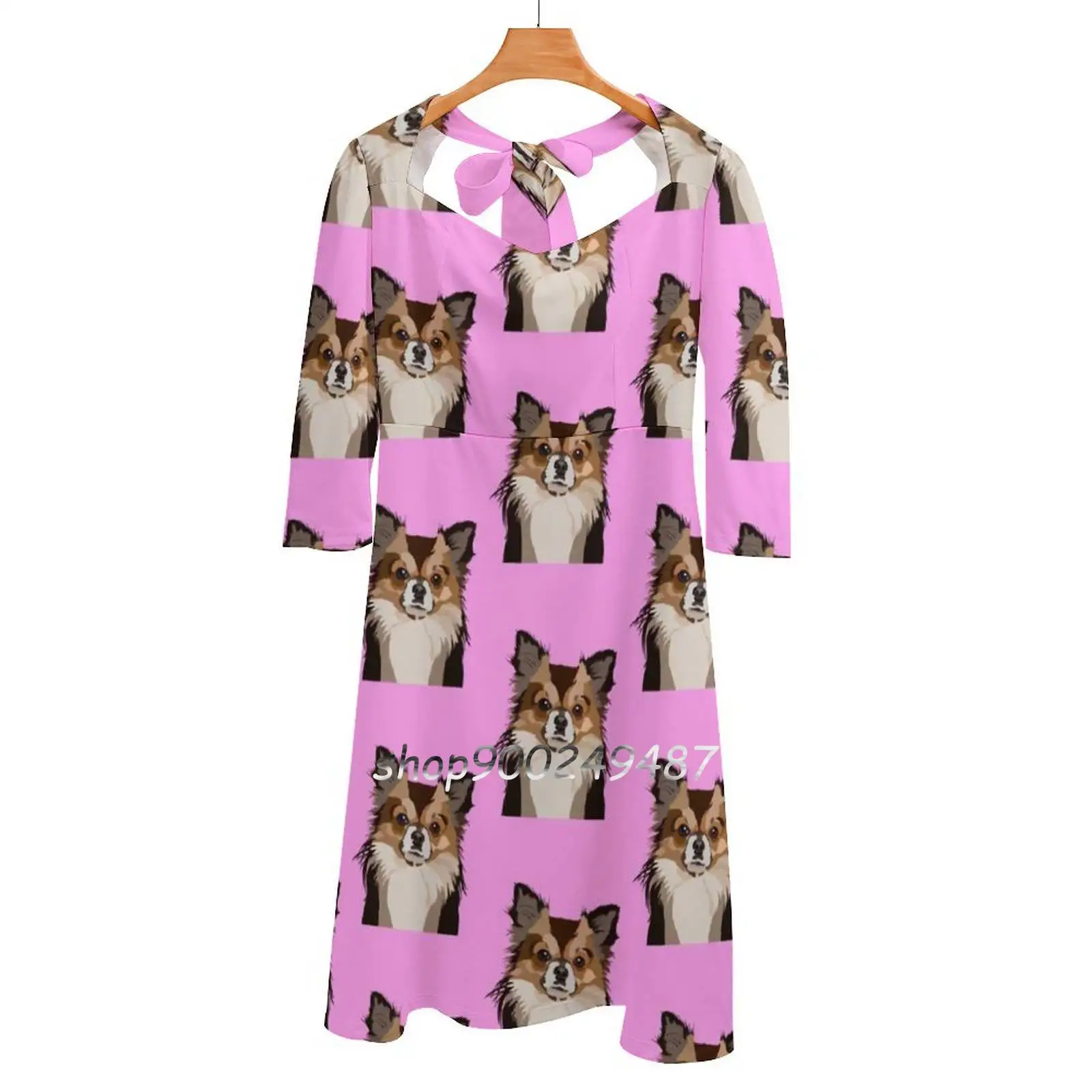 

Chihuahua Flare Dress Square Neck Dress Elegant Female Fashion Printed Dress Chihuahua Chi Cute Dog Small Dog Pink Pink