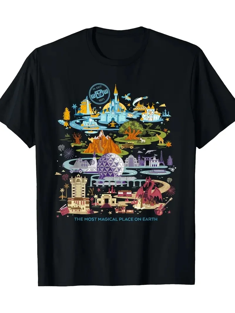 

2025 Женская повседневная удобная уникальная черная футболка с круглым вырезом и короткими рукавами с принтом Disney с уникальным улыбающимся лицом