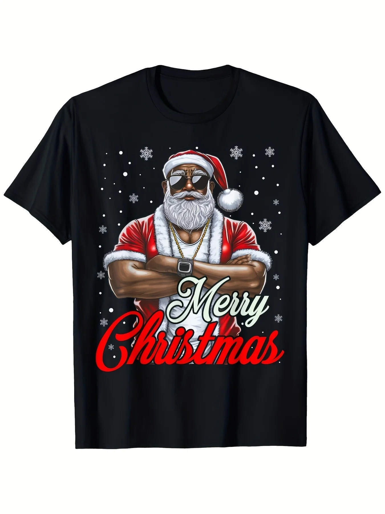 African American Santa Christmas Cool Black Xmas T-Shirt Suitable for Men'S Outdoor T-Shirt Breathable and Soft Suitable for Outdoor Activities Retro Casual Short Sleeved, Plus Size