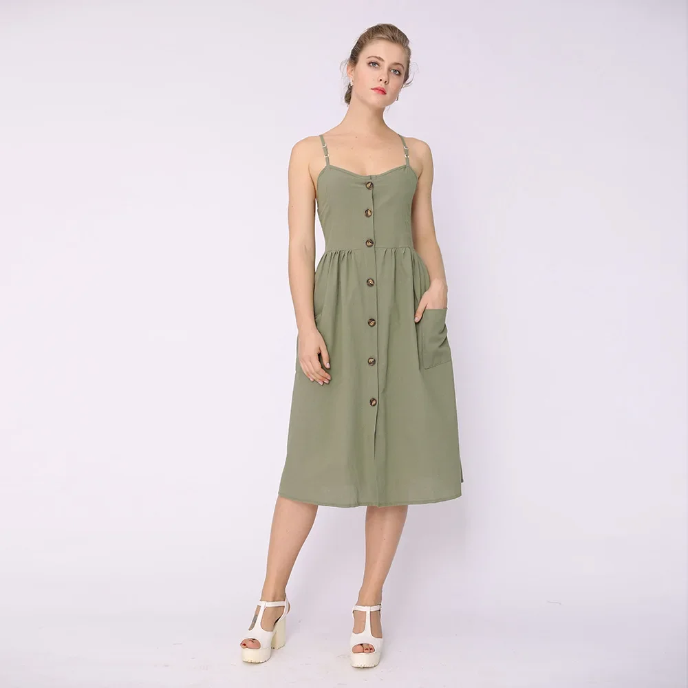 Summer Solid Sleeveless Dress Knee Length Spathetti Strap High Waist Cotton Knee Length Cuaual A Line Dress