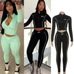 FAGADOER Autumn Winter New 2 Piece Sets Women Outfit Letter Printing Zip Patchwork Crop Tops And Pants Female Fashion Streetwear