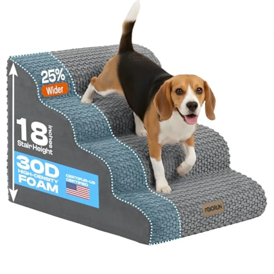 Extra Wide 4-Step Dog Stairs for Bed and Couch 18" H, More Stable Non-Slip Pet Steps with Balanced Foam Structure and Gentle Sl
