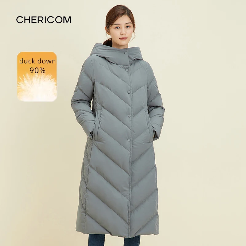 

Chericom Зимний пуховик средней длины 90 на утином пуху 2025 с капюшоном и стеганым узором из шеврона, утолщенные стеганые пуховики Y269091Y